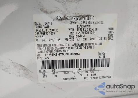 2018 Ford Explorer Platinum из США, поврежденный, VIN 1FM5K8HT9JGB49993